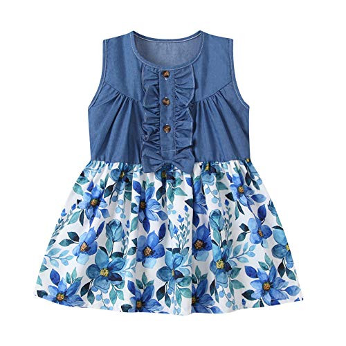 Baby Girls Mini Dress  1-4 Years Toddler Kid Baby Girl Sleeveless Denim Patchwork Floral Princess Dress Clothes