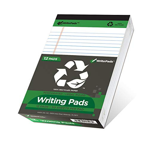 KAISA Legal Pads Recycled Paper Writing Pads  50 sheets 5 inchx8 inch Legal Ruled Perforated Writed Pad Notepads  White-Pack of 12pads-  KSU-5262