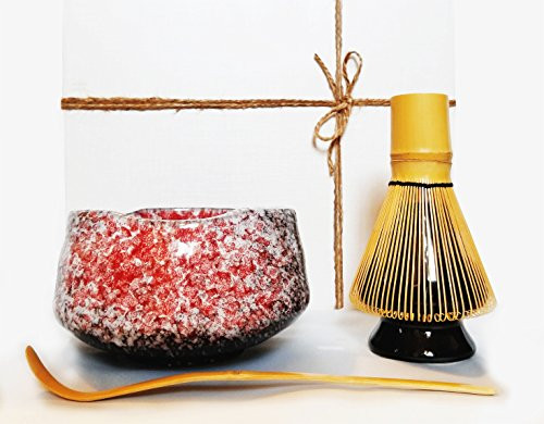 HARU MATCHA - Complete Yozakura Matcha Tea Ceremony Gift Set - Matcha Bowl (Chawan), Bamboo Scoop (Chashaku), Bamboo Whisk (100 tate), and Whisk Holder