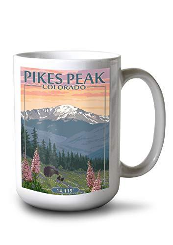 Lantern Press Pikes Peak  Colorado - Bear and Spring Flowers  15oz White Ceramic Mug