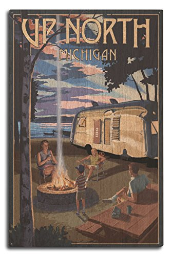 Lantern Press Up North  Michigan - Retro Camper and Lake  10x15 Wood Wall Sign  Wall Decor Ready to Hang
