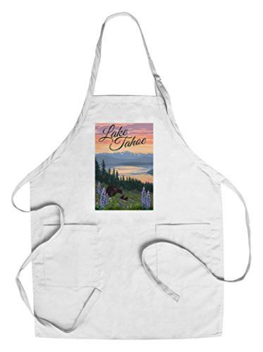 Lake Tahoe - Bear and Cubs with Flowers  Cotton Polyester Chef s Apron