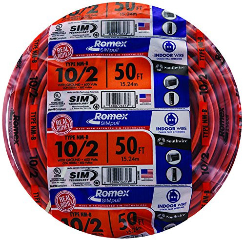 Southwire 28829022 50' 10/2 with ground Romex brand SIMpull residential indoor electrical wire type NM-B, Orange