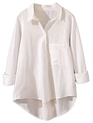 LaovanIn Women s Linen Shirts Plus Size Casual V Neck Button Down Shirts Blouses High-Low Tunic Tops Style 2-White Medium