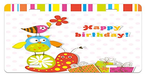 Ambesonne Birthday License Plate  Patchwork Like Design with Owls Birds and Bugs Present Boxes on Polka Dots  High Gloss Aluminum Novelty Plate  5.88 inch  X 11.88 inch   Multicolor