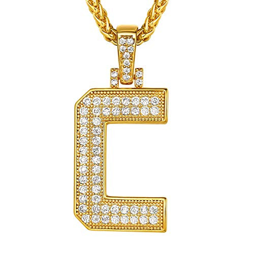 Suplight Monogram Name Necklaces  Iced Out Necklace Letter C  Bling Hip Hop Jewelry  18K Gold Plated Micro Pave Cubic Zirconia A-Z Alphabet Initial Pendant Necklace for Men Boys