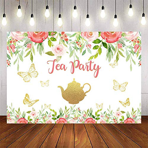 Avezano Tea Party Backdrop Floral Birthday Photo Background Teapot Spring Flowers Tea Party Supplies Floral Butterfly Woodland Tea Party Decoration  7x5ft
