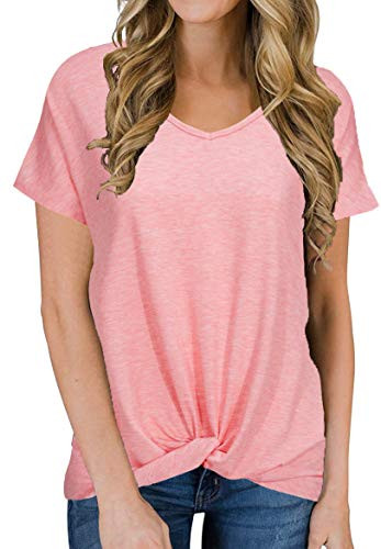 IVVIV Women s Casual V-Neck T-Shirt Twist Knot Tops Comfy Short Sleeve Tunics Loose Blouses Pink