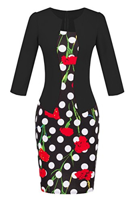 YMING Ladies Casual Bodycon Dress Pencil Work Dress 3 4 Sleeve Dress Black M
