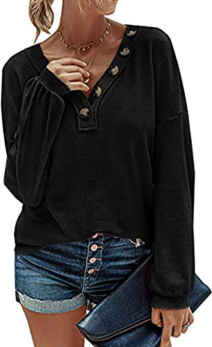 Women s Waffle V Neck Shirts Long Sleeve Loose Blouses Faux Button Slouchy Pullover Top  Black XL