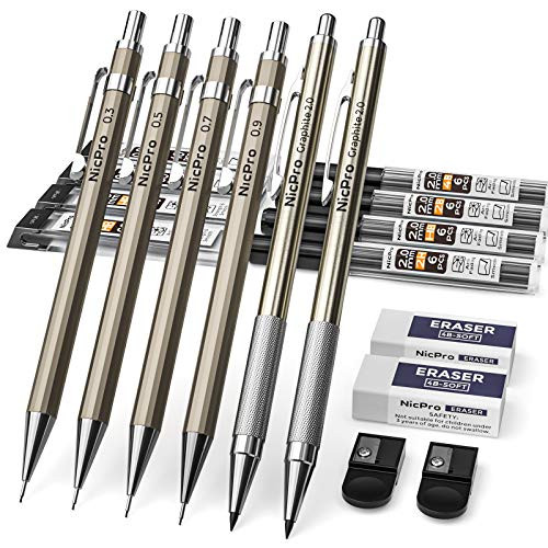 Nicpro 6 PCS Art Mechanical Pencils Set Metal  Drafting Pencil 0.3  and  0.5  and  0.7  and  0.9 mm and 2mm Lead Holder  4B 2B HB 2H  For Art Writing  Sketching Drawing With 8 Tubes Lead Refills Erasers Sharpener