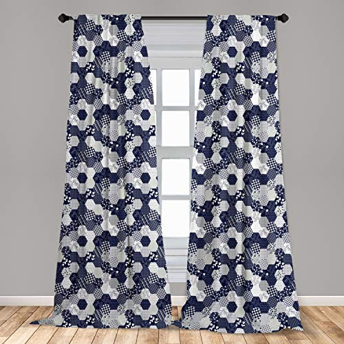 Ambesonne Navy Blue Window Curtains  Octagon Patchwork Style Pattern Image with Dots Stars Squares and Stripes  Lightweight Decorative Panels Set of 2 with Rod Pocket  56 inch  x 63 inch   Navy and White