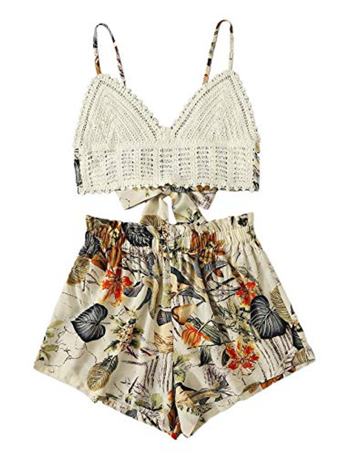 MakeMeChic Women s Two Piece Outfit Summer Cami Crop Top with Shorts Multi Tie Back M