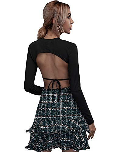 MakeMeChic Women s Long Sleeve Backless Tee Mock Neck Tie Back Crop Top Black B XS