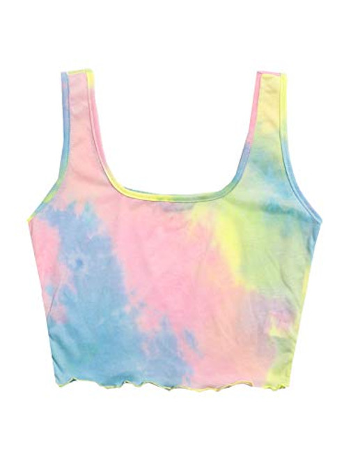 MakeMeChic Women s Tie Dye Lettuce Trim Crop Tank Top Multi S