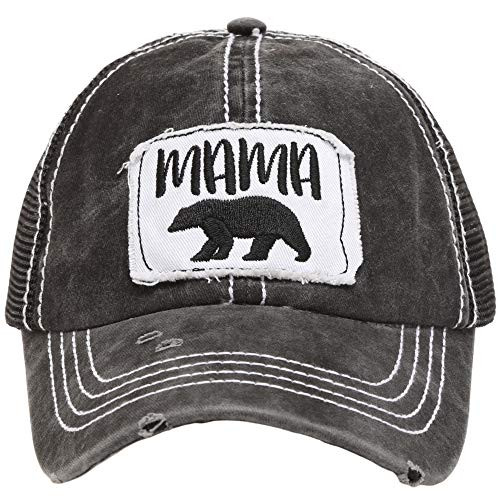 MIRMARU Womens Baseball Caps Distressed Vintage Patch Washed Cotton Low Profile Embroidered Mesh Snapback Trucker Hat  Mama Bear  Black