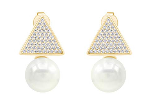 Sterling Silver 14K Gold Plated 9 mm Simulated Shell Pearl Cubic Zirconia Triangle Earrings for Mom Women