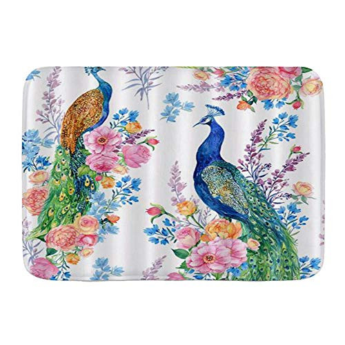 Mokale Bath Mat Rug Peacock Peony Flowers Floral Birds Plush Bathroom Decor Mats with Non Slip Backing 29.5 inch  X 17.5 inch
