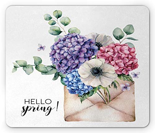 Ambesonne Hydrangea Mouse Pad  Watercolor Vintage Print of Flowers in Letter with Hello Spring Typography  Rectangle Non-Slip Rubber Mousepad  Standard Size  Multicolor