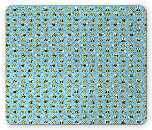 Ambesonne Honey Bee Mouse Pad  Cartoon Style Demonstration of Happy Bugs  Rectangle Non-Slip Rubber Mousepad  Standard Size  Sky Blue Mustard