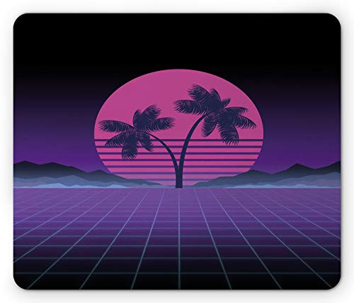 Ambesonne Synthwave Mouse Pad  Retro Artwork Design of Striped Pinkish Moon Exotic Palms and Mountains  Rectangle Non-Slip Rubber Mousepad  Standard Size  Indigo Purple