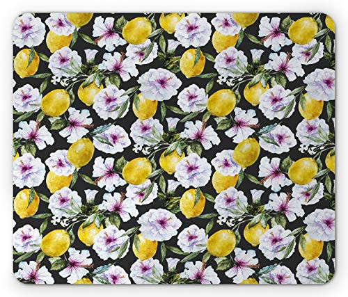 Ambesonne Floral Mouse Pad  Tropical Hibiscus Blossoms Petals with Lemons Nature Harvest Spring Essence Image  Rectangle Non-Slip Rubber Mousepad  Standard Size  Multicolor