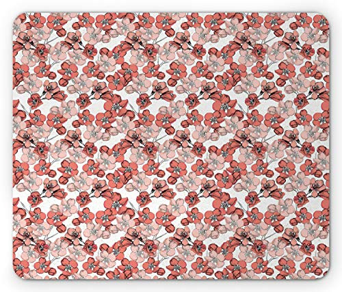 Ambesonne Cherry Blossom Mouse Pad  Spring Season Floral Hand Drawn Style Ornament Japanese Nature  Rectangle Non-Slip Rubber Mousepad  Standard Size  Coral Blush White