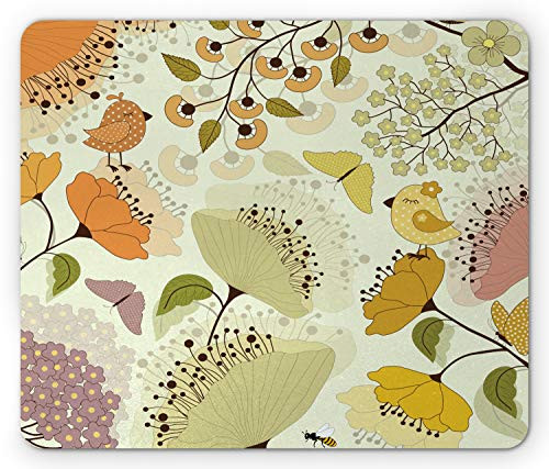 Ambesonne Garden Art Mouse Pad  Reviving Nature Composition with Flowers Birds and Butterflies Cheerful Spring  Rectangle Non-Slip Rubber Mousepad  Standard Size  Multicolor