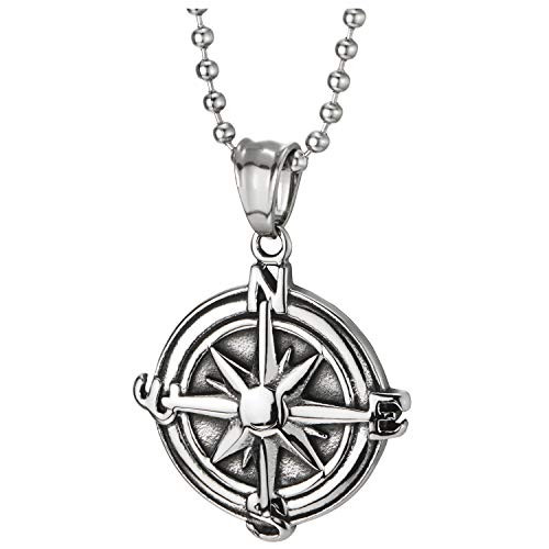 COOLSTEELANDBEYOND Mens Womens Stainless Steel Vintage Compass Circle Medal Pendant Necklace  23.6 inches Ball Chain