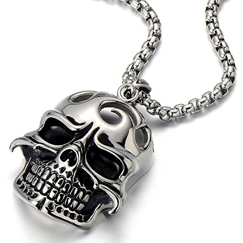 COOLSTEELANDBEYOND Mens Large Biker Skull Pendant Necklace Stainless Steel Silver Black Polished with 30 inches Wheat Chain