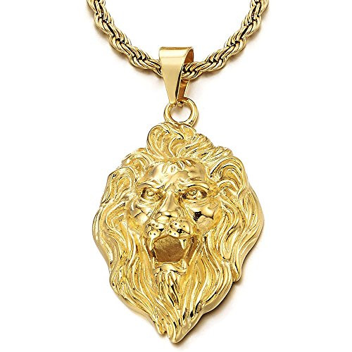 COOLSTEELANDBEYOND Stainless Steel Mens Gold Color Lion Head Pendant Necklace with 30 inches Rope Chain