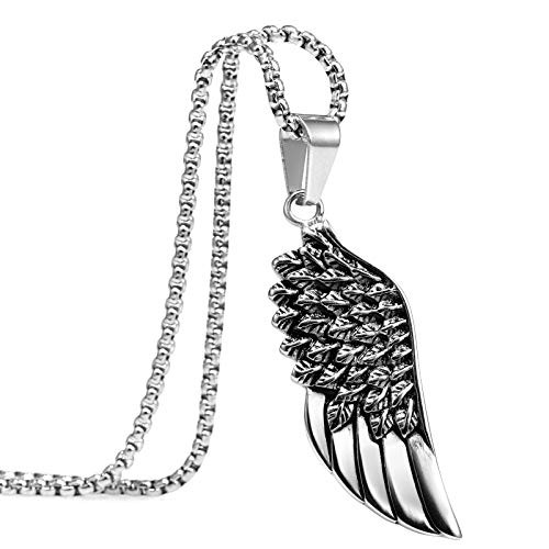 Herinos Stainless Steel Feather Long Pendant Necklace Angel Wing Men Women Necklace Charms Chain 23.6 inch