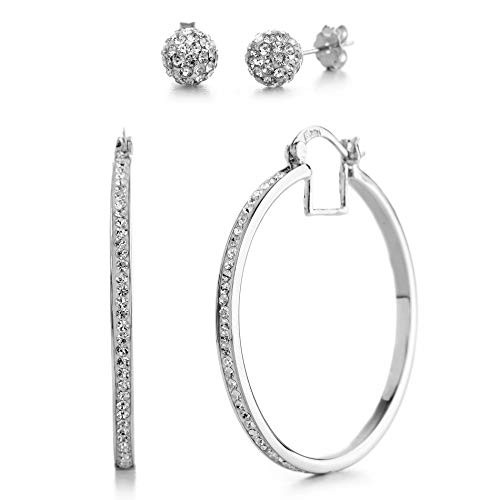 Devin Rose 40mm Hoop and Ball Stud Earrings for Women made With Swarovski Crystals in Rhodium Plated Brass White Set Devin Rose 40mm Hoop and Ball Stud Earrings for Women made With Swarovski Crystals in Rhodium Plated Brass White Set