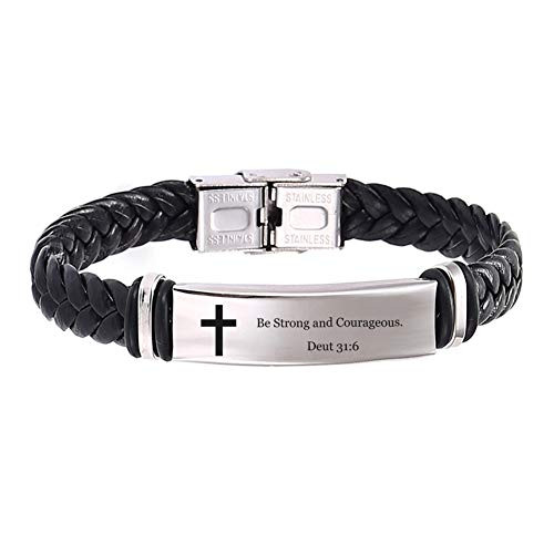 NJ Bible Verse Bracelet for Men - Stainless Steel Braided Leather Deut 31 6 Cross Scripture Quote Cuff Bracelets Baptism Christian Jewelry for Husband Boyfriend Dad Son Nephew Gift