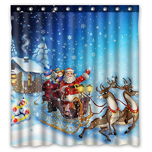FMSHPON Winter Holiday Merry Christmas Deer pull the Santa Claus Snowflakes Beautiful Christmas Gifts Shower Curtain Size 66X72 inches