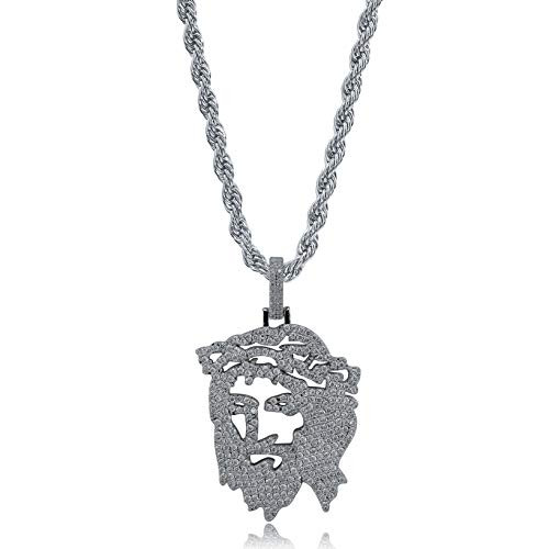 TOPGRILLZ Men 14K Gold Plated Iced Out CZ Simulated Diamond Big Stones Crown Jesus Piece Pendant Necklace with Stainless Steel Chain Hip Hop  Silver Solid Jesus