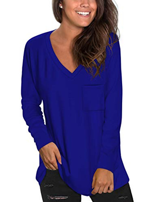 NSQTBA Long Sleeve Shirts for Womens V Neck Tunic Tops for Leggings Lightweight Blue XL