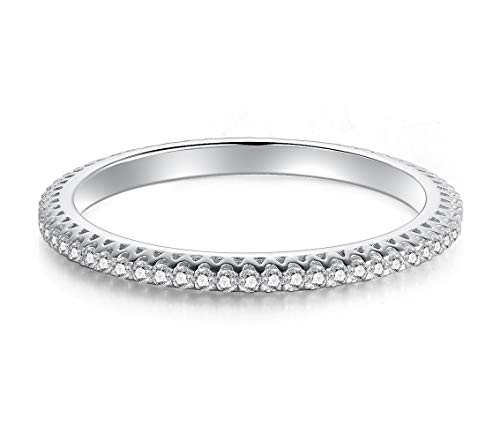 BORUO 925 Sterling Silver Ring  Cubic Zirconia CZ Eternity Wedding Band Stackable 2mm Ring Size 6
