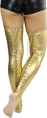 ToBeInStyle Women s Lace Up Wet Look Thigh Hi - Gold