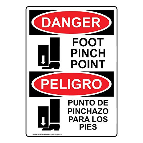 Danger Foot Pinch Point OSHA Bilingual Safety Label Decal  5x3.5 in. 4-Pack Vinyl for Machinery Industrial Notices by ComplianceSigns