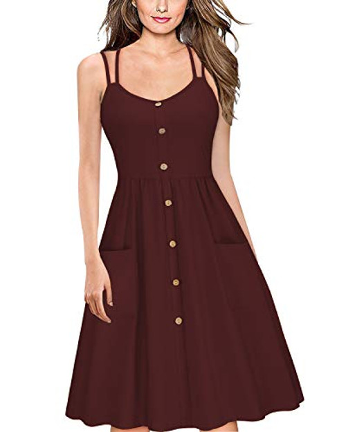 OUGES Women s Summer V Neck Sundress Spaghetti Strap Button Down Dress with Pockets Dark Red L