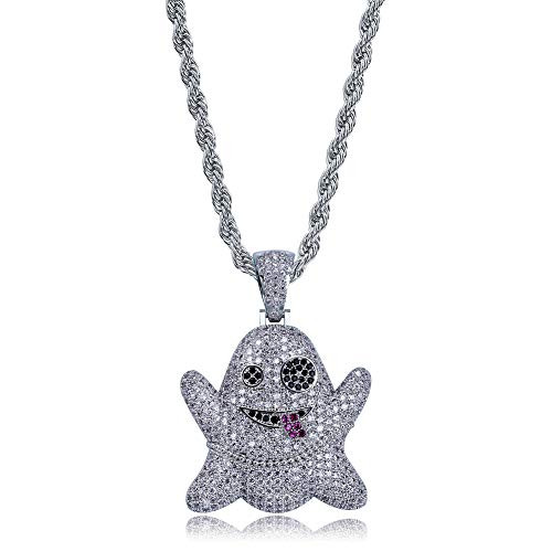 TOPGRILLZ Iced out CZ Cluster Lab Diamond Emoji Ghost Pendant 24 Stainless Steel Necklace Hip Hop  Silver Ghost