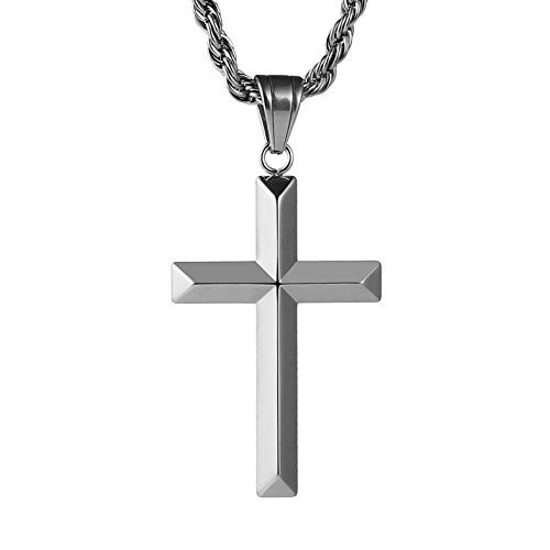 HZMAN Men Women Bevel Cross Necklace Stainless Steel Prayer Polished Triangle Side Religious Pendant 24 inch  Rope Chain