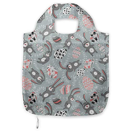 Ambesonne Easter Shopping Tote Bag  Kids Toy Bunnies with Funny Expressions Ornate Spring Branches and Eggs  Sturdy Fabric Foldable Lightweight Market Bag for Daily Use  Bluegrey Coral Black