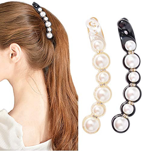 DEEKA 2 PCS Pearl Hair Clip Banana Clips Ponytail Holder Banana Hair Clips Thick Fine Hair Clip French Barrettes Rhinestones Jaw Clips for Women and Girls-1