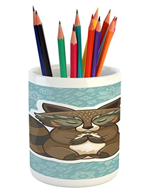 Ambesonne Cartoon Pencil Pen Holder  Raccoon Meditating on Blue Meadow Spring Flowers Graphic Art  Printed Ceramic Pencil Pen Holder for Desk Office Accessory  Turquoise Brown Dark Green Ambesonne Cartoon Pencil Pen Holder  Raccoon Meditating on Blue Meadow Spring Flowers Graphic Art  Printed Ceramic Pencil Pen Holder for Desk Office Accessory  Turquoise Brown Dark Green