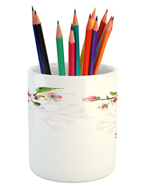 Ambesonne Watercolor Pencil Pen Holder  Apple Tree Blooming in Spring Season Branches Falling Leaves Romantic  Printed Ceramic Pencil Pen Holder for Desk Office Accessory  Pale Pink Green