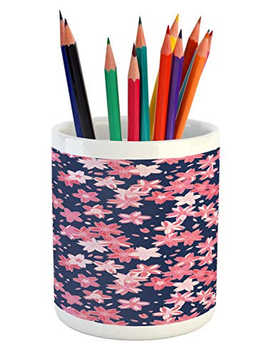 Ambesonne Navy and Blush Pencil Pen Holder  Delicate Spring Theme Flourishing Sakura Petals Japanese Garden  Printed Ceramic Pencil Pen Holder for Desk Office Accessory  Dark Blue Coral Pink