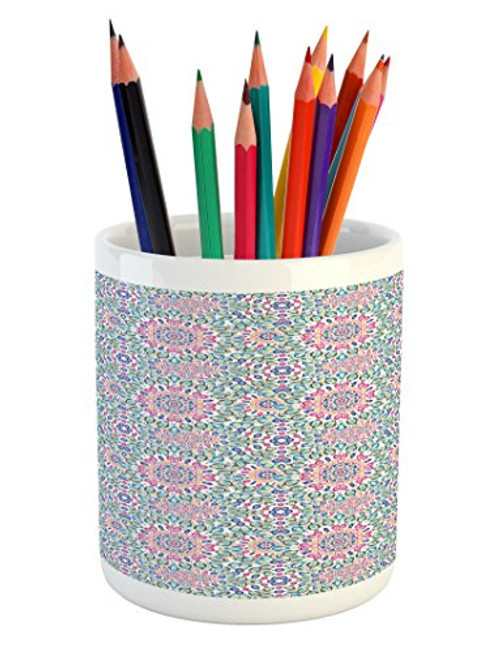 Ambesonne Ethnic Pencil Pen Holder  Far Eastern Mandala Pattern with Floral Spring Vibrant Oriental Nature Tones  Printed Ceramic Pencil Pen Holder for Desk Office Accessory  Multicolor