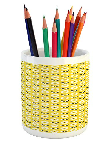 Ambesonne Flower Pencil Pen Holder  Retro Floral Spring Pattern with Contrast Leaves and Petals  Printed Ceramic Pencil Pen Holder for Desk Office Accessory  Yellow White and Charcoal Grey